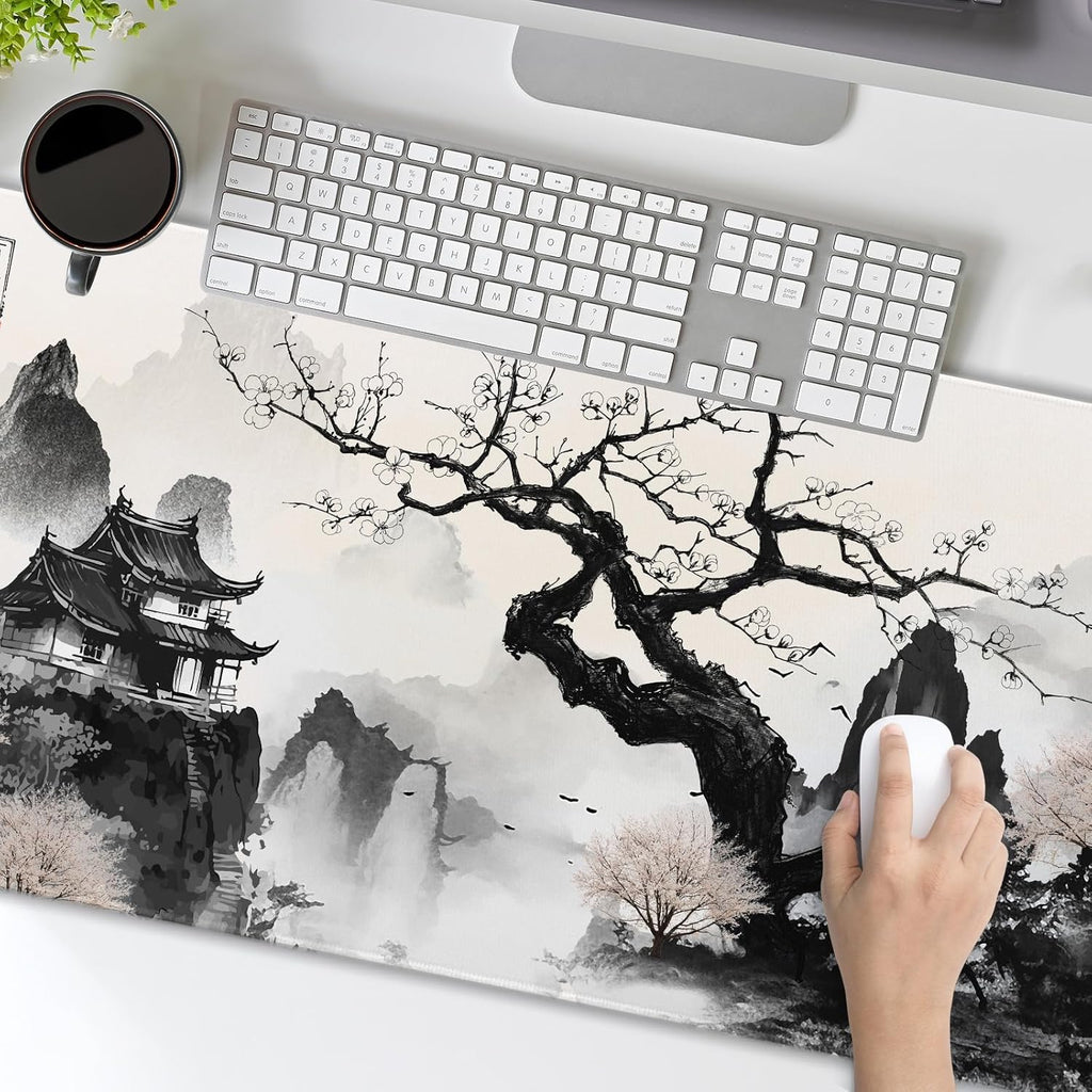 Japanese Cherry Blossom Anime Large Mouse Pad XXL Black White Sakura Tree Mountain Extended Large Desk Mat Big Desk Pad 90X40 CM Non-Slip Rubber Base Stitched Edge Long Mousepad,35.4 X 15.7 Inch