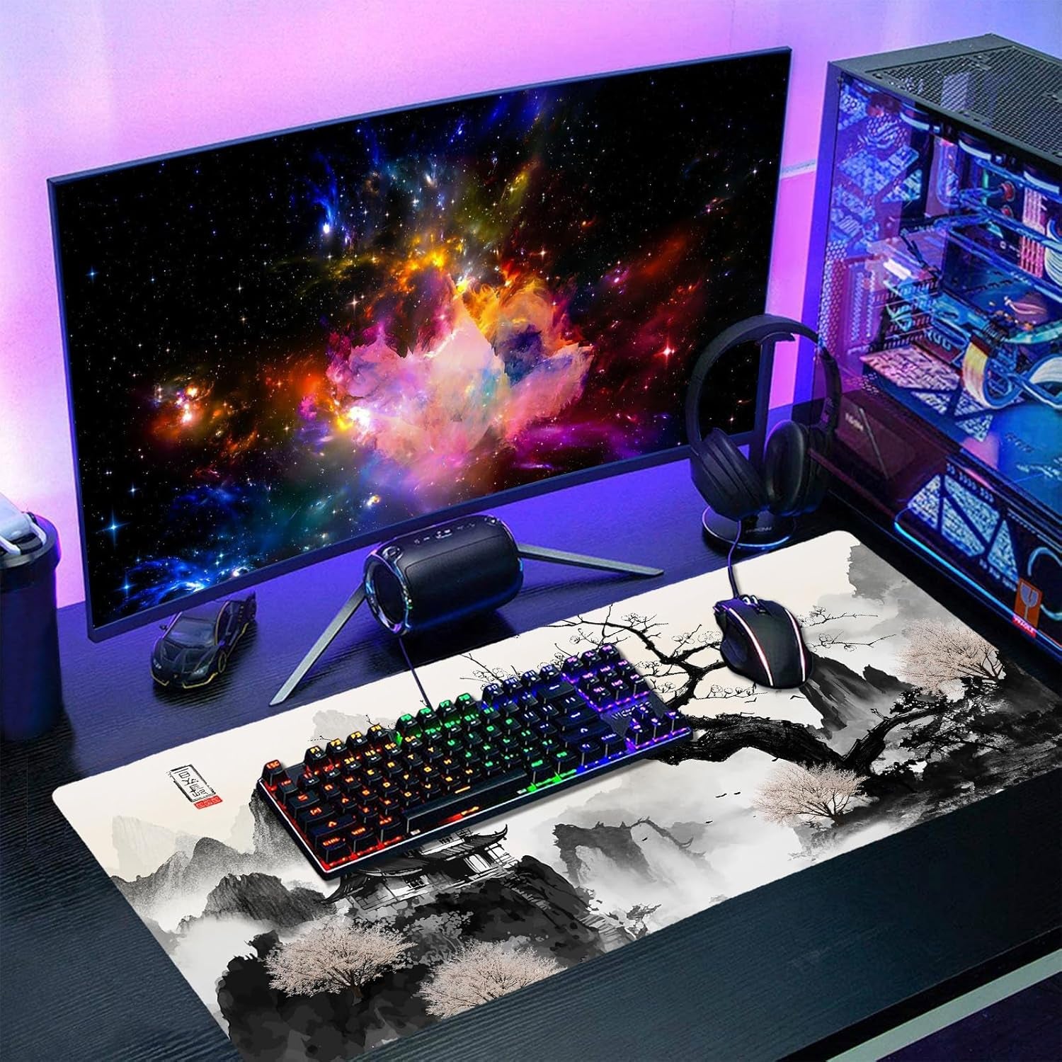 Japanese Cherry Blossom Anime Large Mouse Pad XXL Black White Sakura Tree Mountain Extended Large Desk Mat Big Desk Pad 90X40 CM Non-Slip Rubber Base Stitched Edge Long Mousepad,35.4 X 15.7 Inch