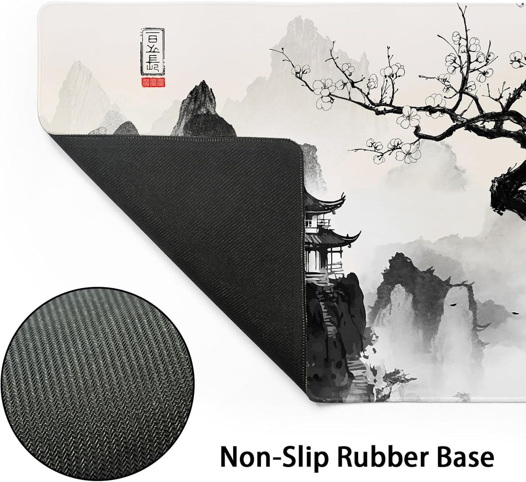 Japanese Cherry Blossom Anime Large Mouse Pad XXL Black White Sakura Tree Mountain Extended Large Desk Mat Big Desk Pad 90X40 CM Non-Slip Rubber Base Stitched Edge Long Mousepad,35.4 X 15.7 Inch