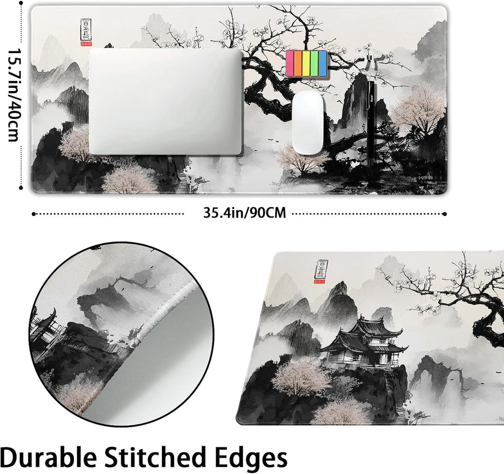 Japanese Cherry Blossom Anime Large Mouse Pad XXL Black White Sakura Tree Mountain Extended Large Desk Mat Big Desk Pad 90X40 CM Non-Slip Rubber Base Stitched Edge Long Mousepad,35.4 X 15.7 Inch