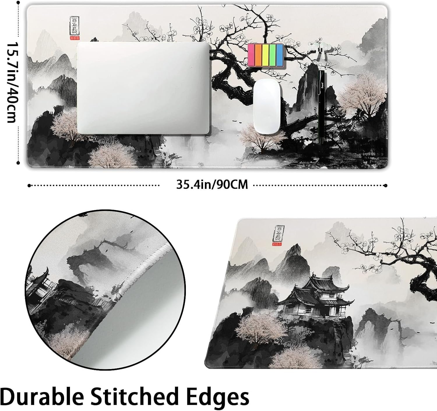 Japanese Cherry Blossom Anime Large Mouse Pad XXL Black White Sakura Tree Mountain Extended Large Desk Mat Big Desk Pad 90X40 CM Non-Slip Rubber Base Stitched Edge Long Mousepad,35.4 X 15.7 Inch