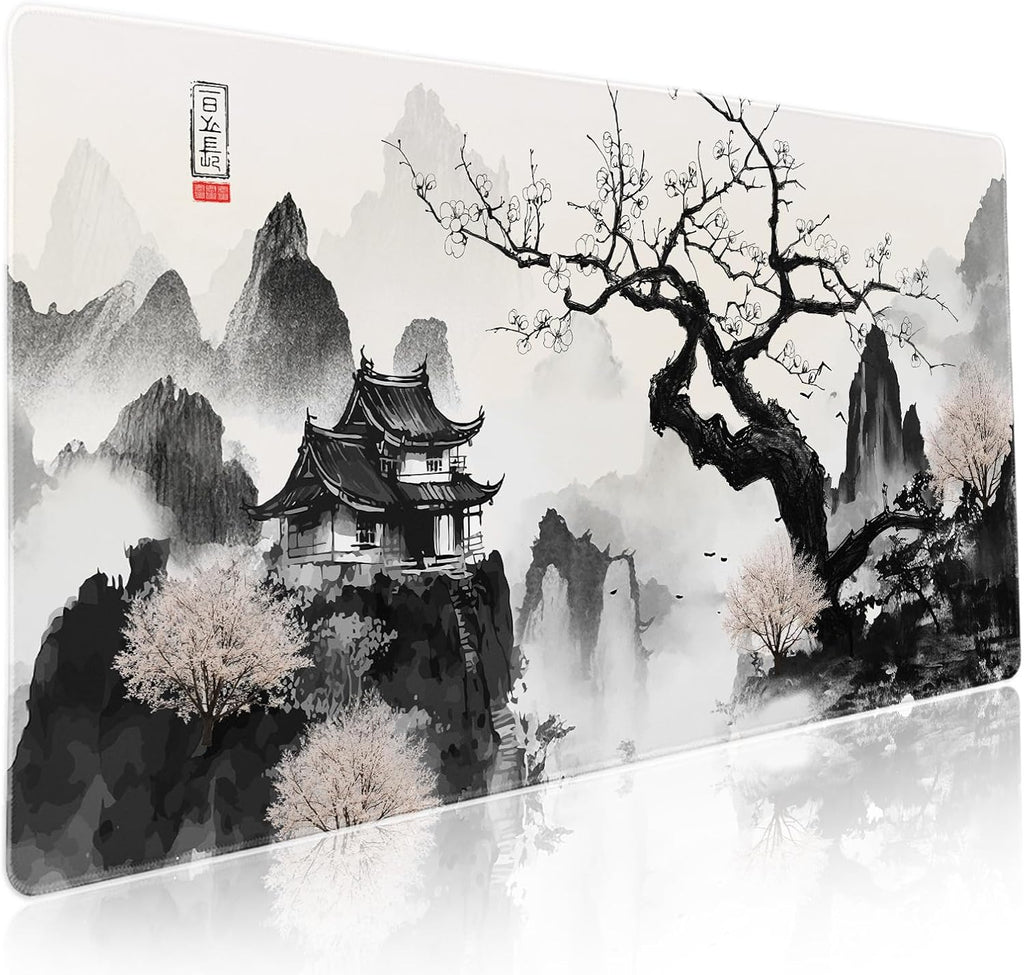 Japanese Cherry Blossom Anime Large Mouse Pad XXL Black White Sakura Tree Mountain Extended Large Desk Mat Big Desk Pad 90X40 CM Non-Slip Rubber Base Stitched Edge Long Mousepad,35.4 X 15.7 Inch