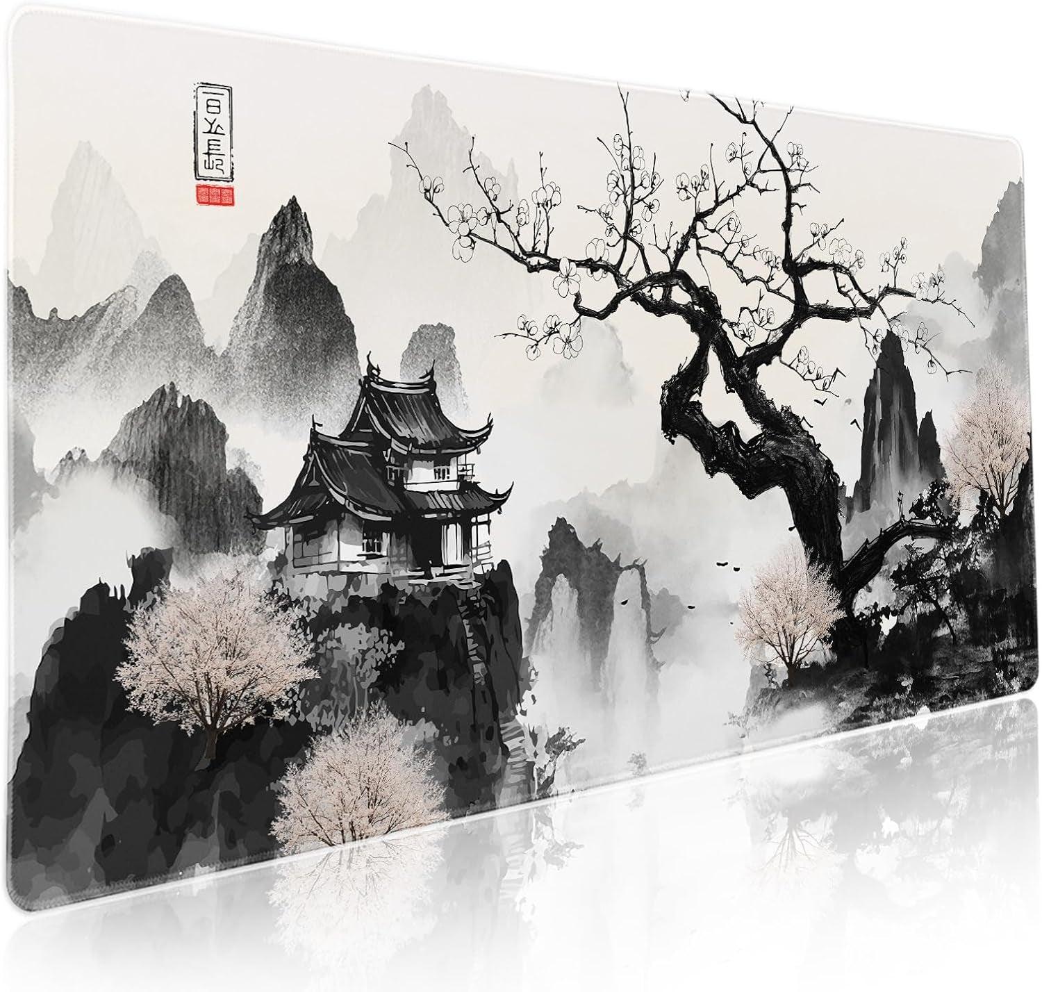 Japanese Cherry Blossom Anime Large Mouse Pad XXL Black White Sakura Tree Mountain Extended Large Desk Mat Big Desk Pad 90X40 CM Non-Slip Rubber Base Stitched Edge Long Mousepad,35.4 X 15.7 Inch