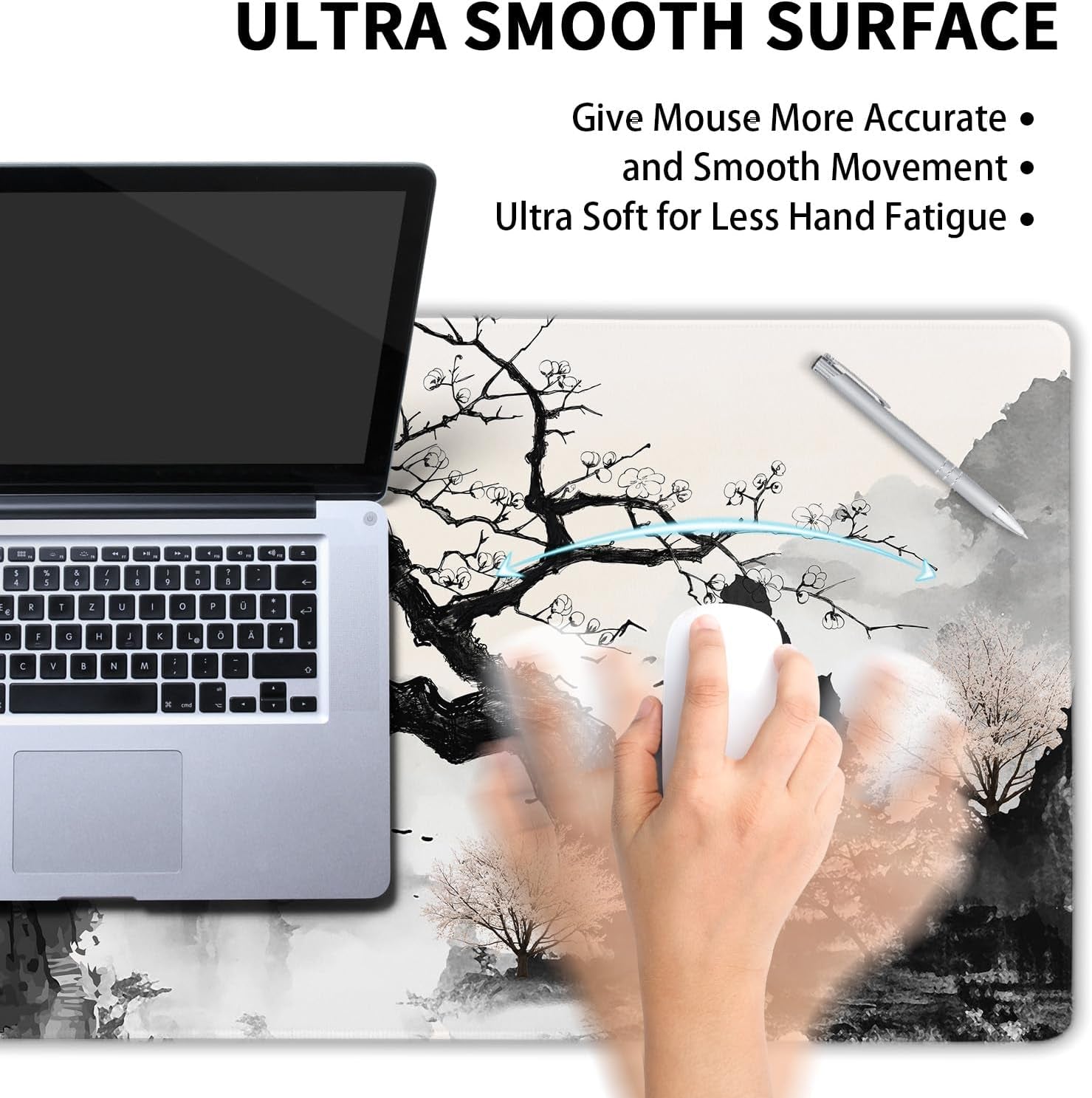 Japanese Cherry Blossom Anime Large Mouse Pad XXL Black White Sakura Tree Mountain Extended Large Desk Mat Big Desk Pad 90X40 CM Non-Slip Rubber Base Stitched Edge Long Mousepad,35.4 X 15.7 Inch